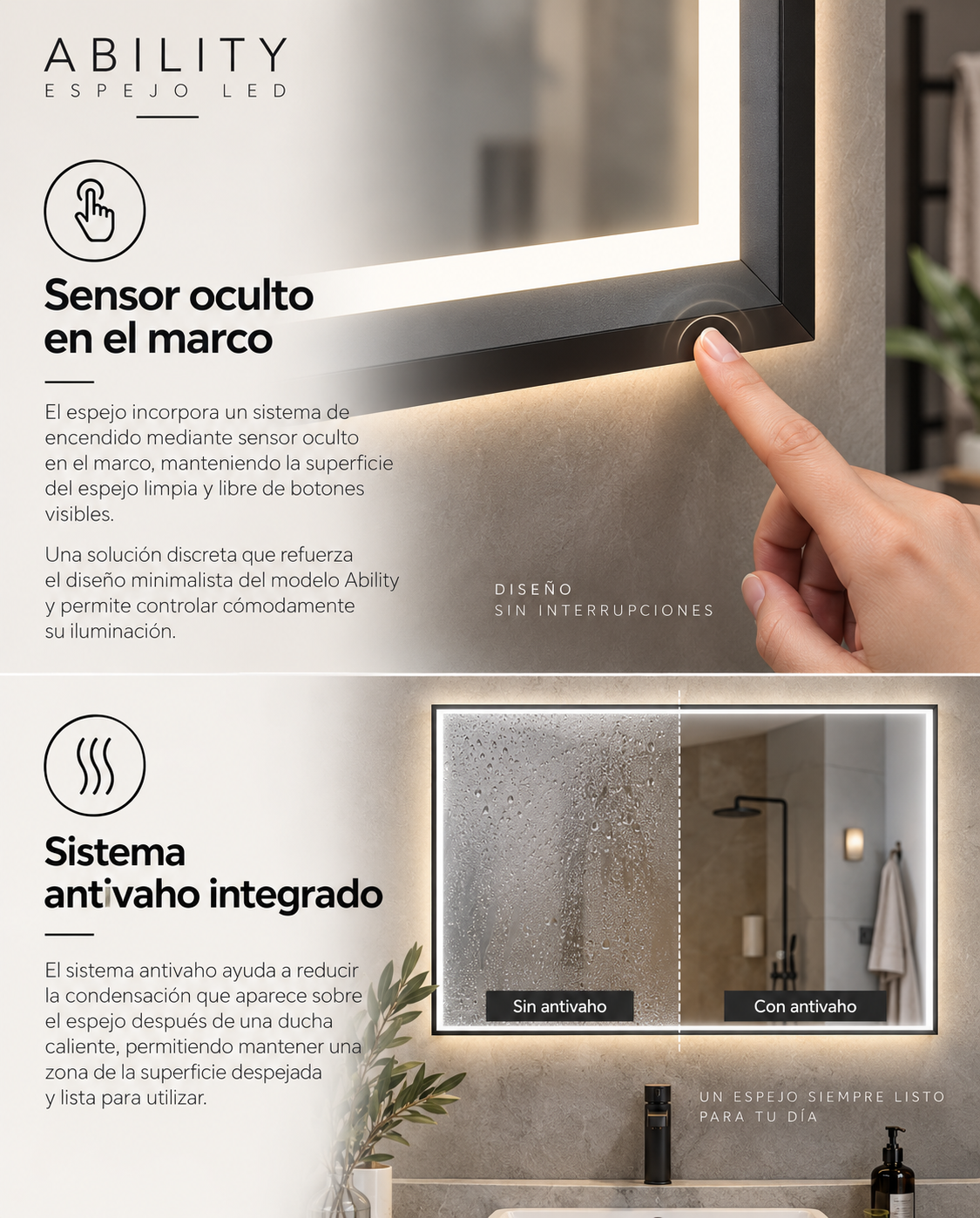 Espejo de baño con luz LED perimetral rectangular · Modelo ABILITY