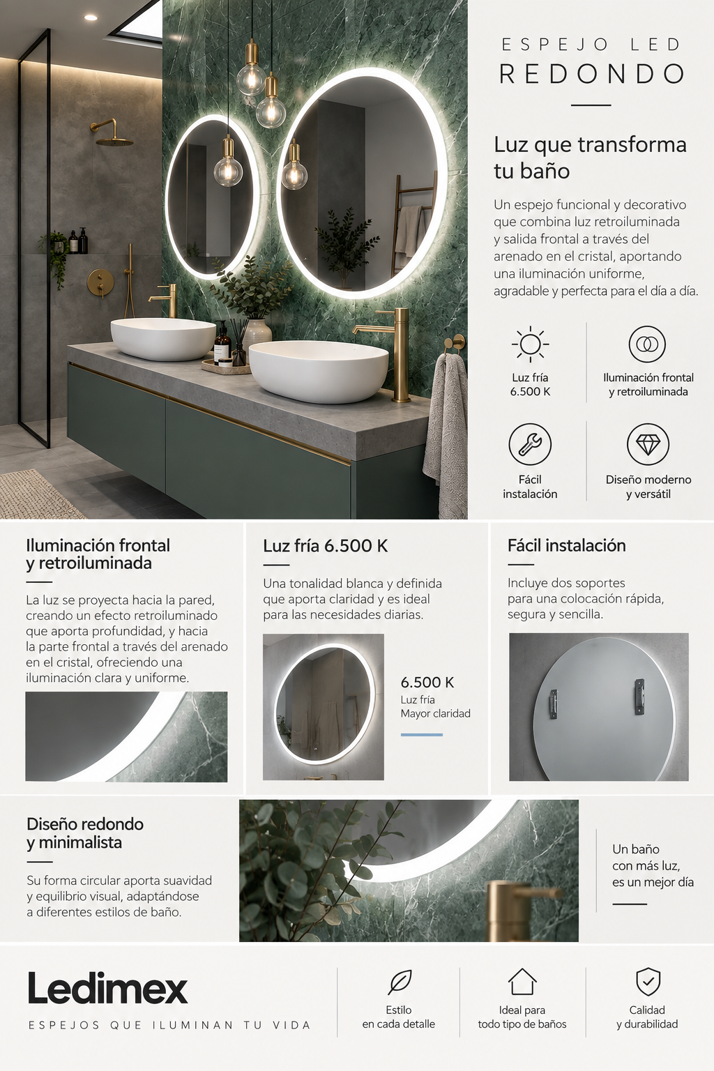 Espejo de baño con luz LED redondo retroiluminado · Modelo BÉLGICA