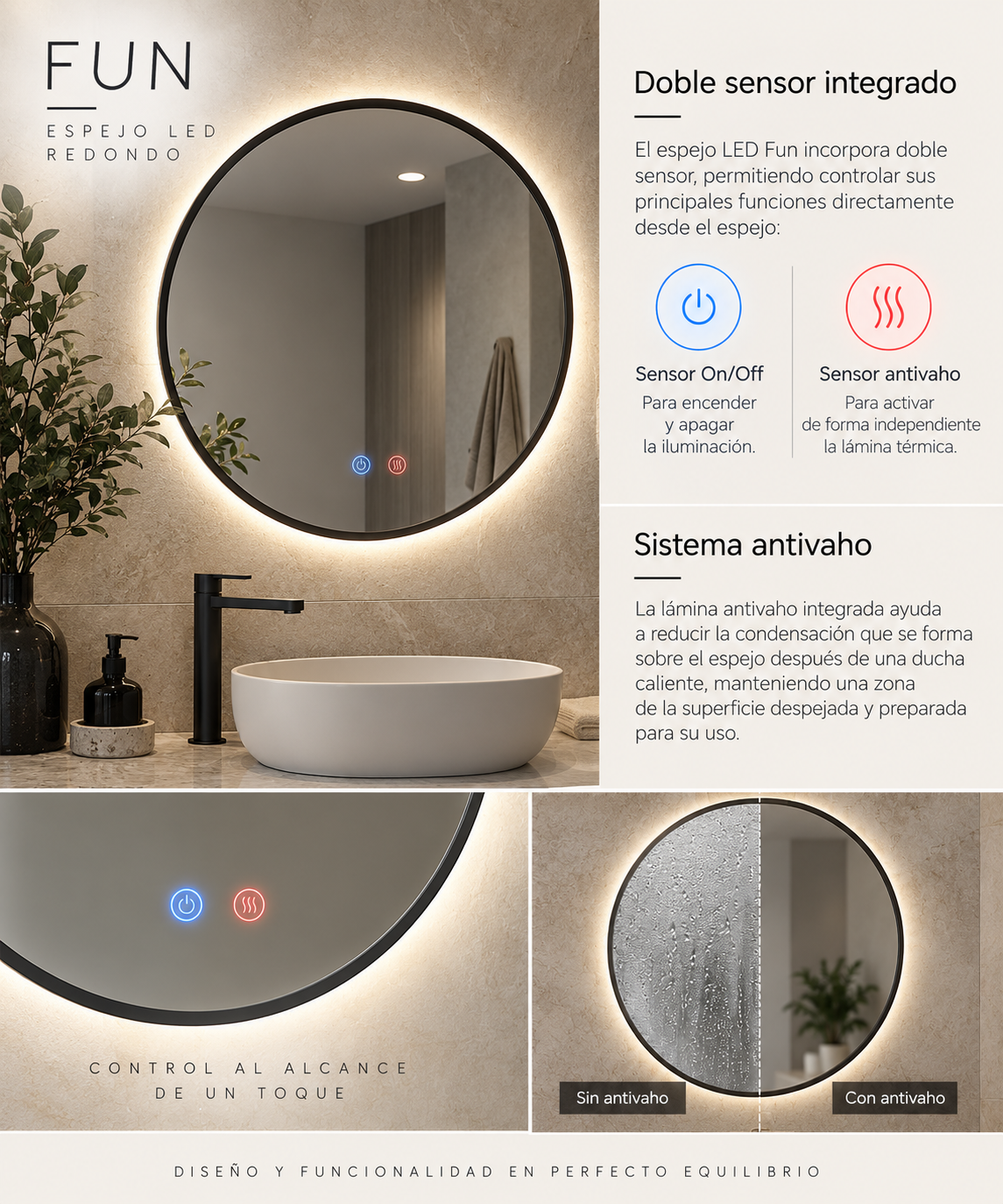 Espejo de baño con luz LED redondo retroiluminado · Modelo FUN