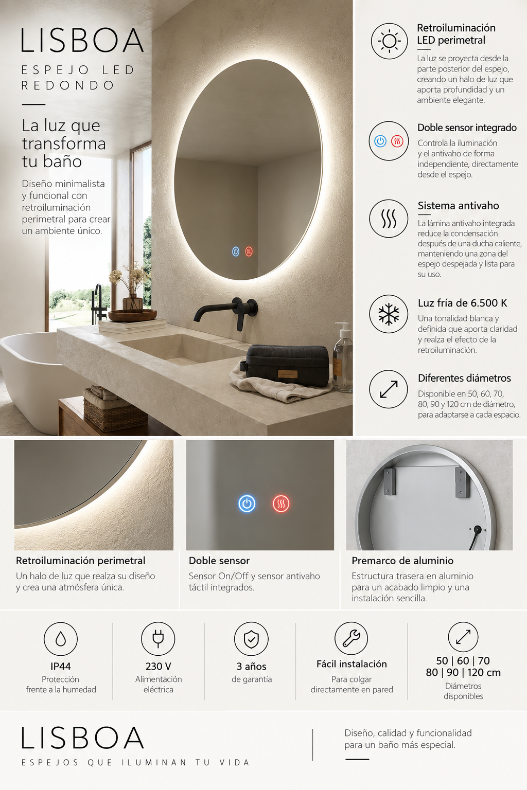 Espejo de baño con luz LED redondo retroiluminado · Modelo LISBOA