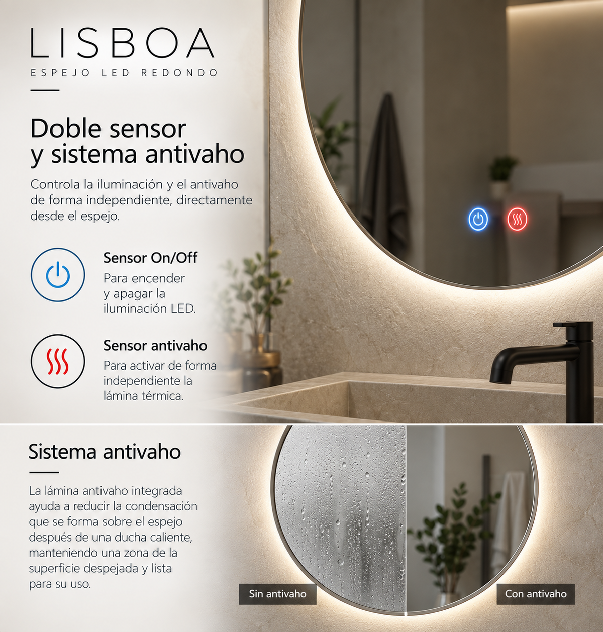 Espejo de baño con luz LED redondo retroiluminado · Modelo LISBOA