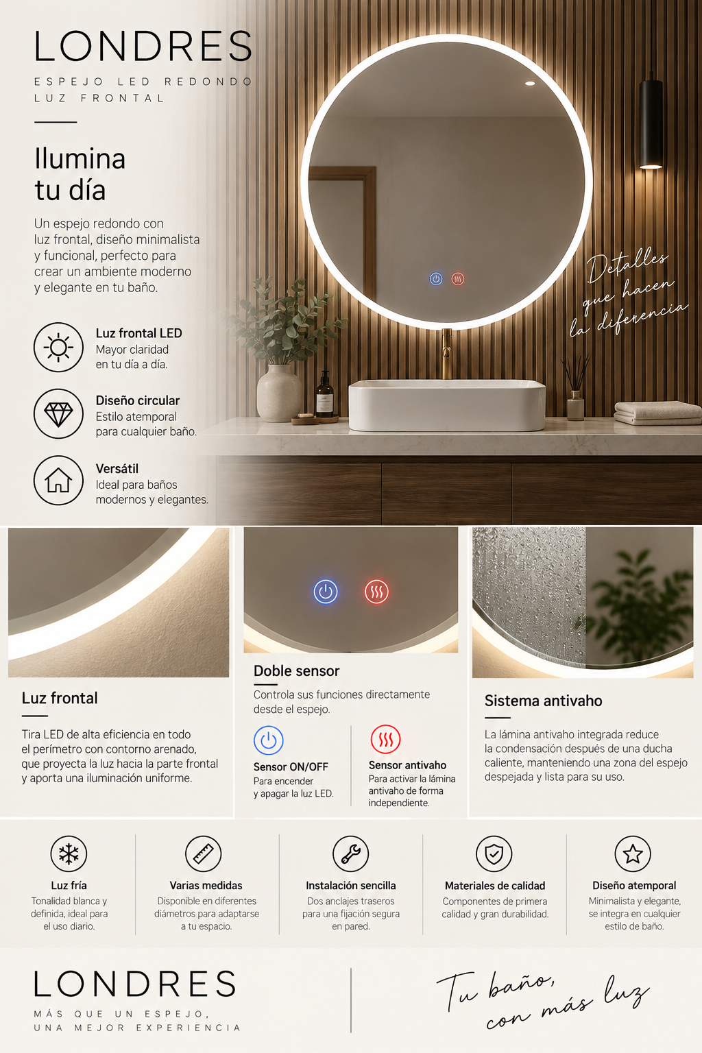Espejo de baño con luz LED redondo retroiluminado · Modelo LONDRES