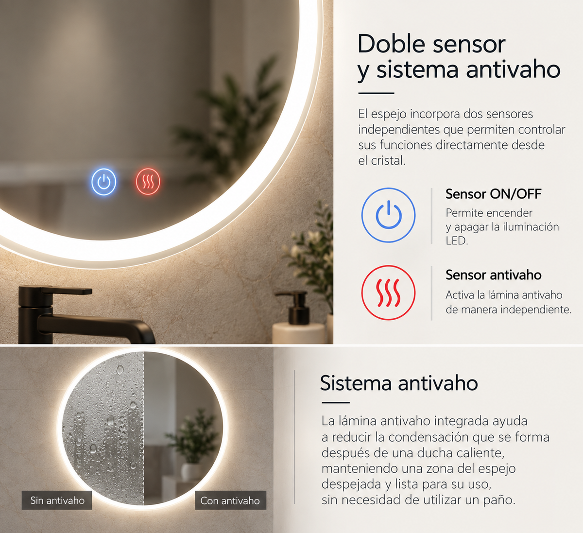 Espejo de baño con luz LED redondo retroiluminado · Modelo LONDRES