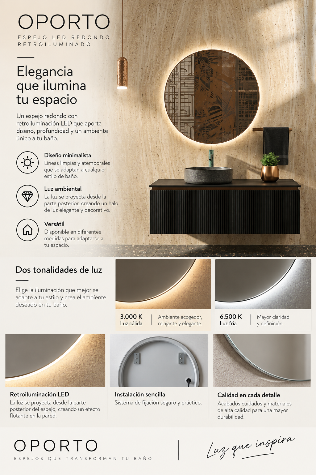 Espejo de baño con luz LED redondo retroiluminado · Modelo OPORTO