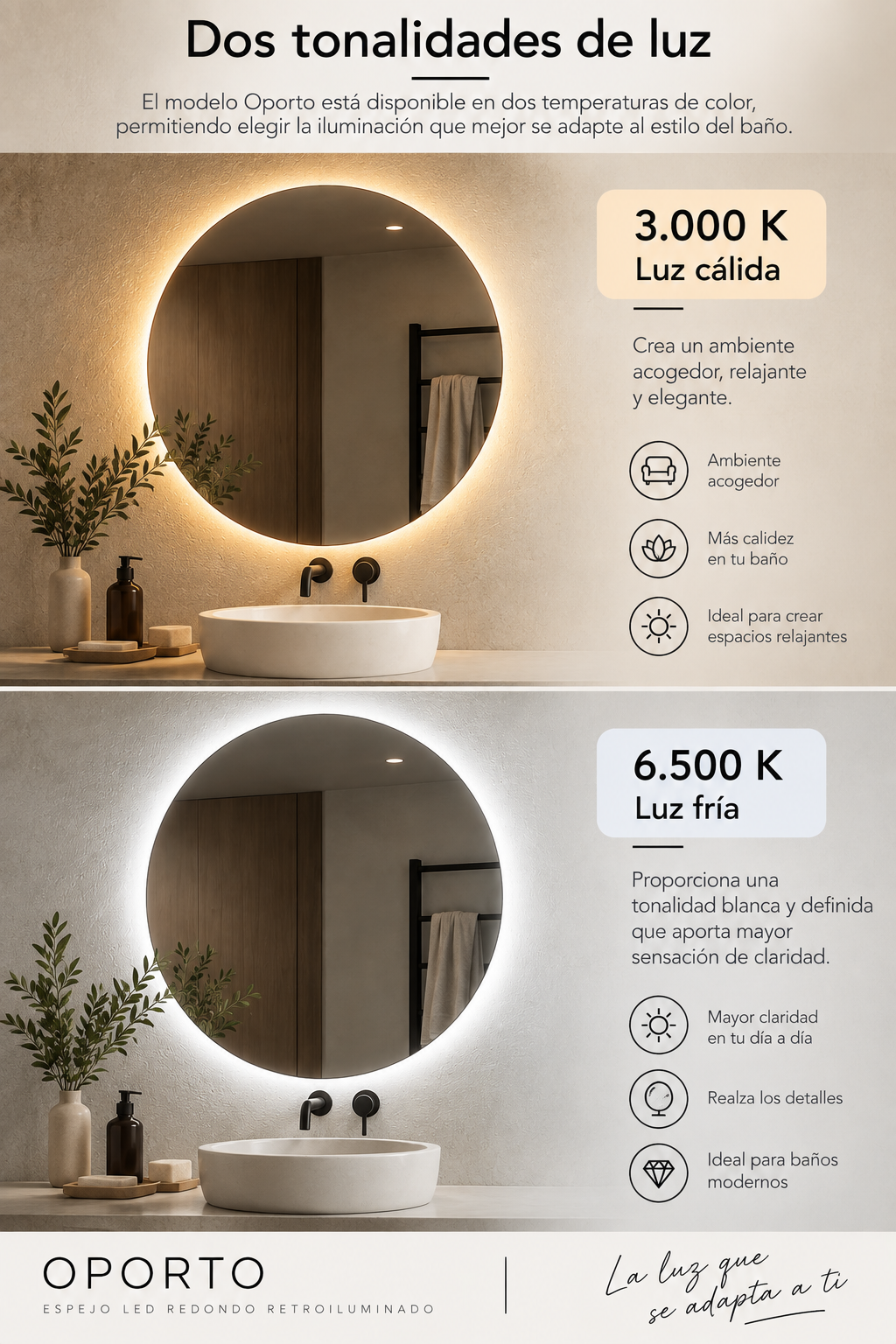 Espejo de baño con luz LED redondo retroiluminado · Modelo OPORTO