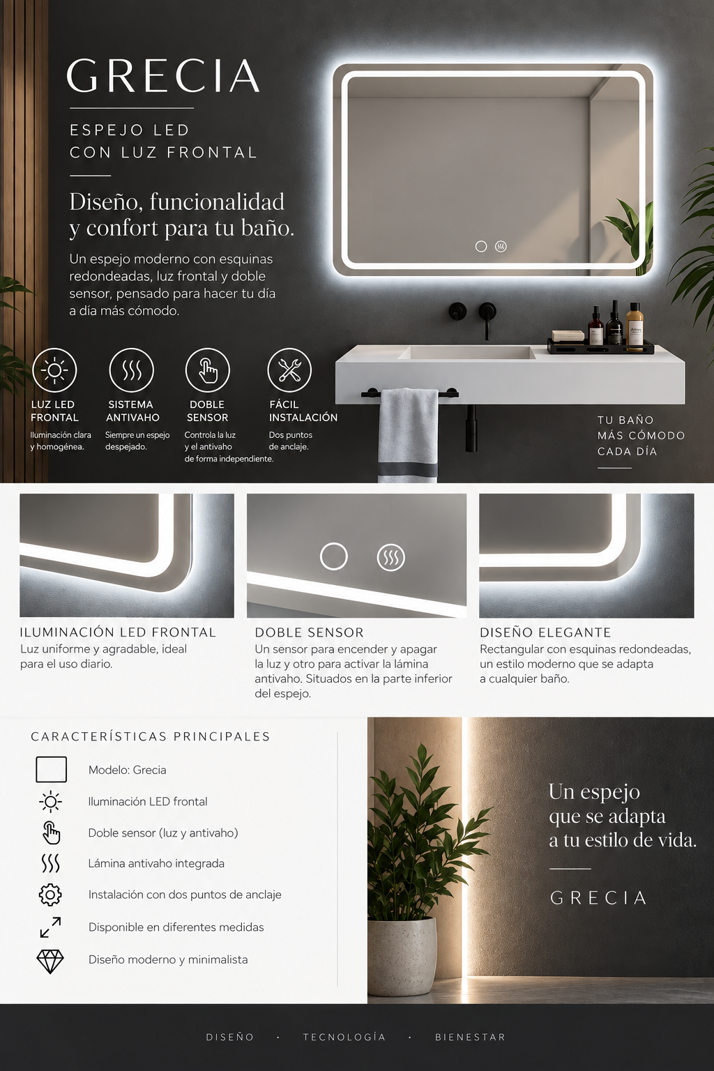 Espejo de baño con luz LED rectangular, con luz frontal y ambiental · Modelo GRECIA
