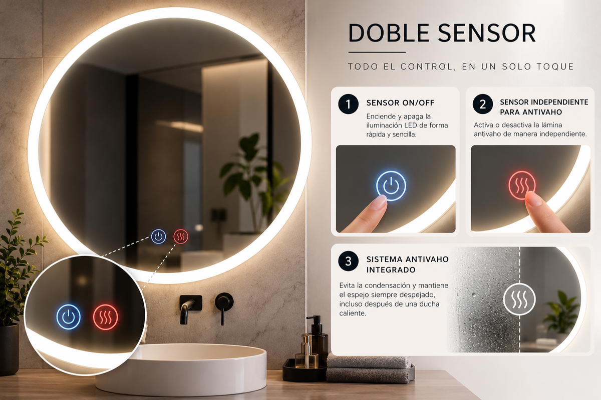 Espejo de baño con luz LED en marco iluminado redondo · Modelo ATENAS