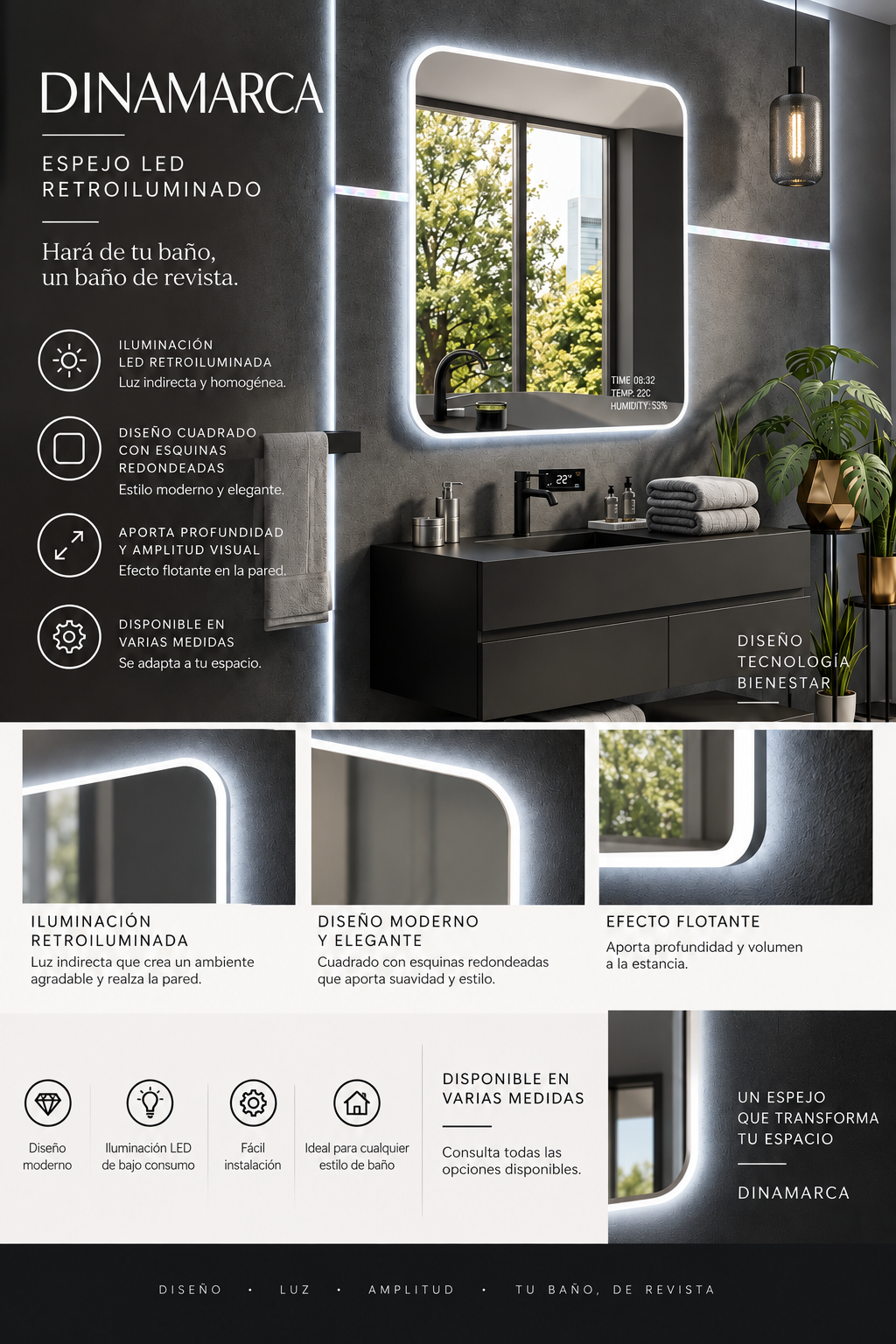 Espejo de baño con luz LED rectangular retroiluminado · Modelo DINAMARCA