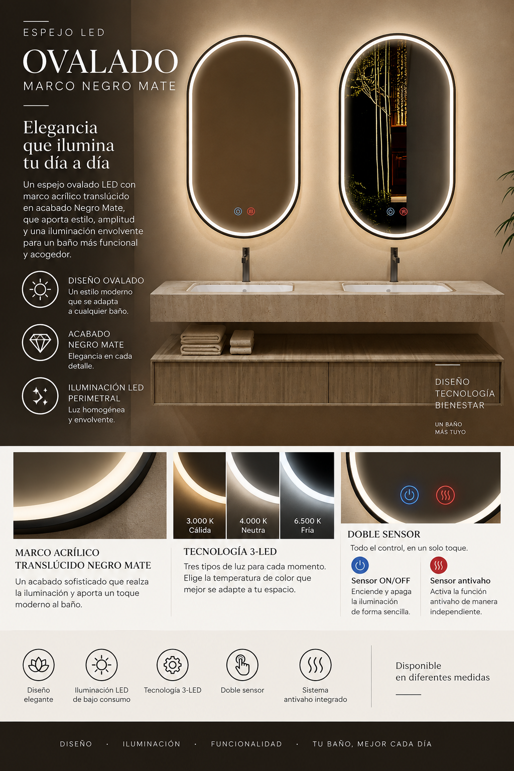 Espejo de baño con luz LED en marco iluminado · Modelo BARI