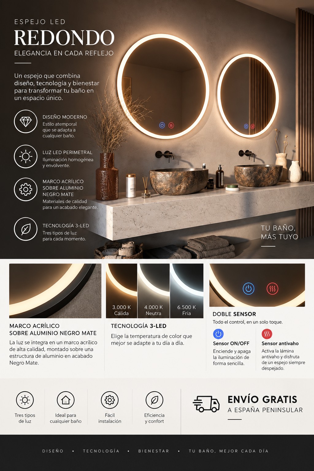 Espejo de baño con luz LED en marco iluminado · Modelo BOLONIA
