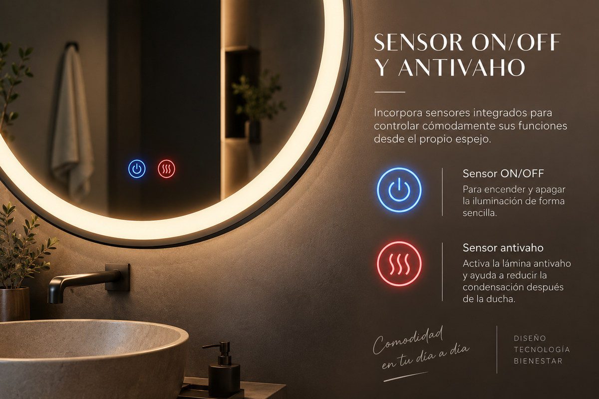 Espejo de baño con luz LED en marco iluminado · Modelo BOLONIA