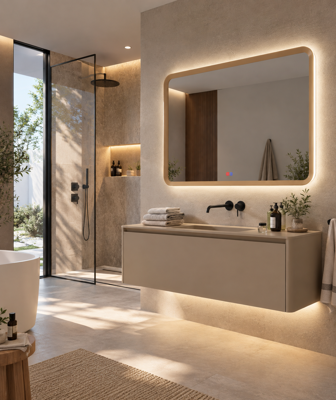 Espejo de baño con luz LED rectangular con luz retroiluminada y perimetral · Modelo DUOMO