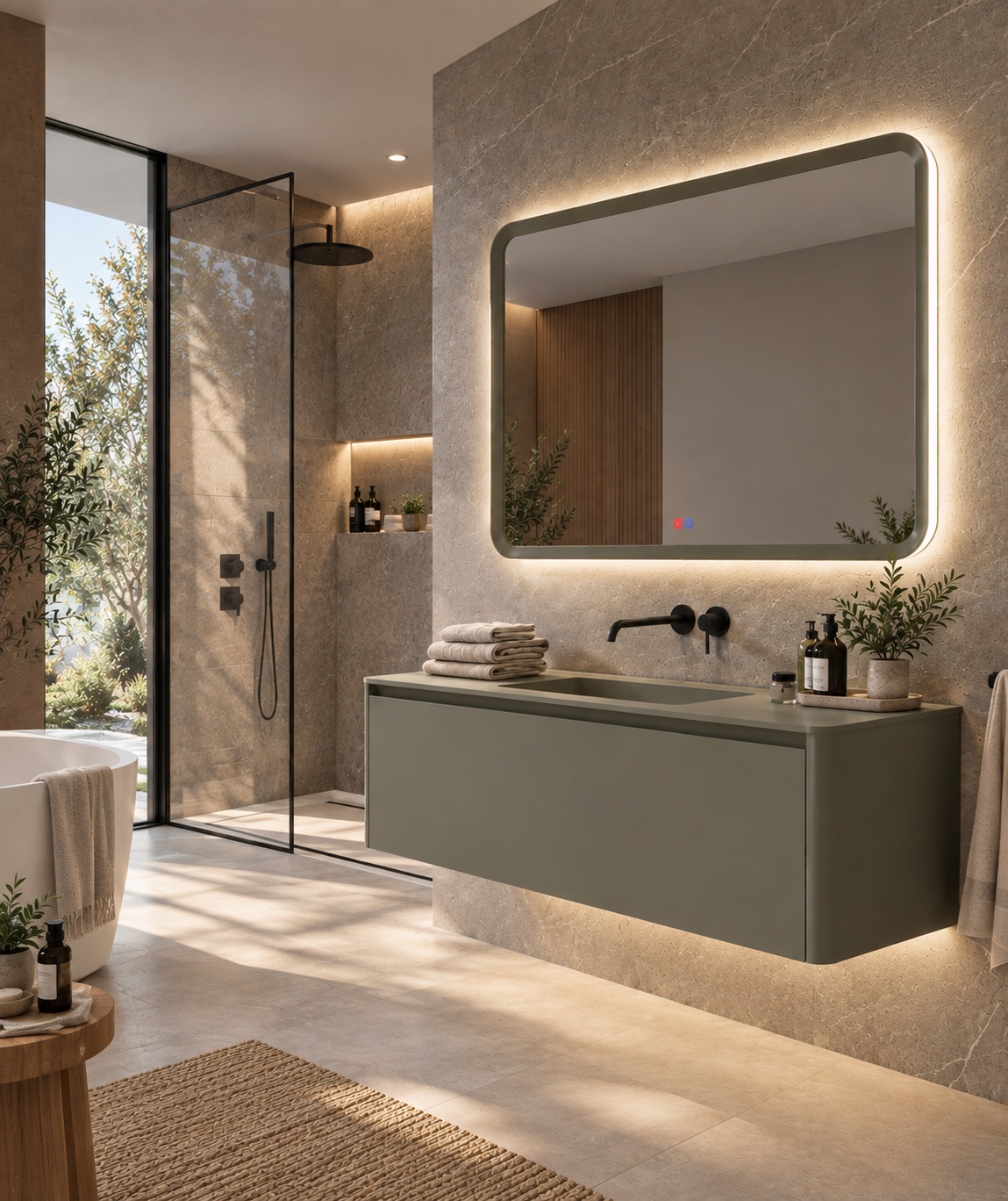 Espejo de baño con luz LED rectangular con luz retroiluminada y perimetral · Modelo DUOMO