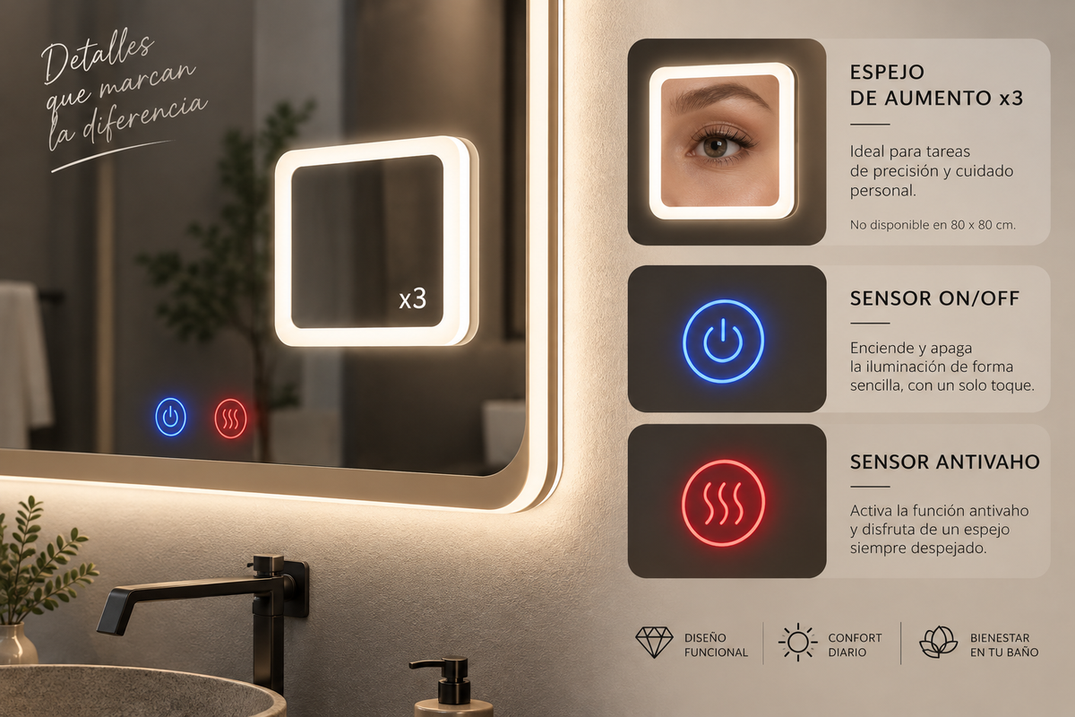 Espejo de baño con luz LED rectangular con luz retroiluminada y perimetral · Modelo DUOMO