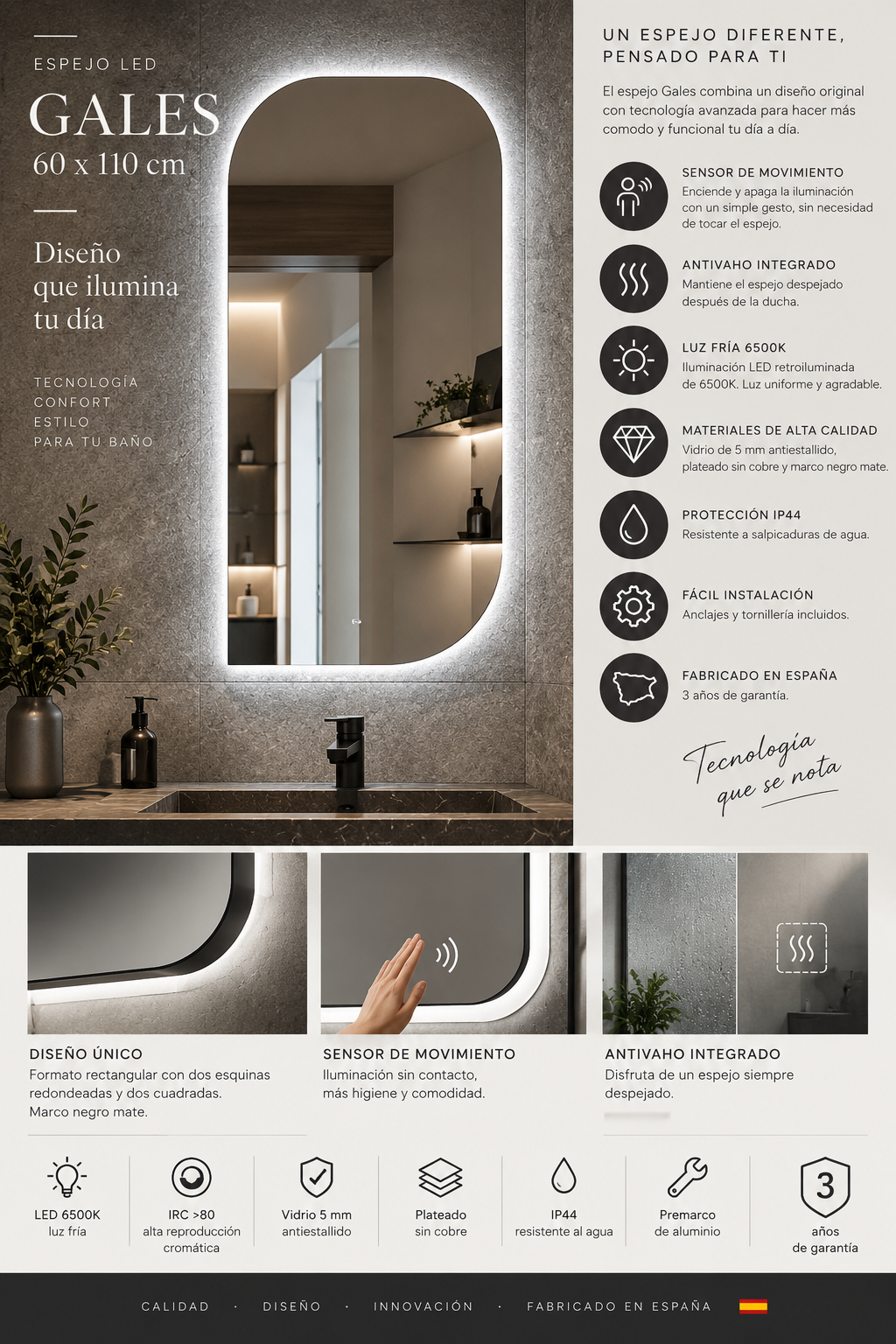 Espejo de baño con luz LED irregular retroiluminado · Modelo GALES