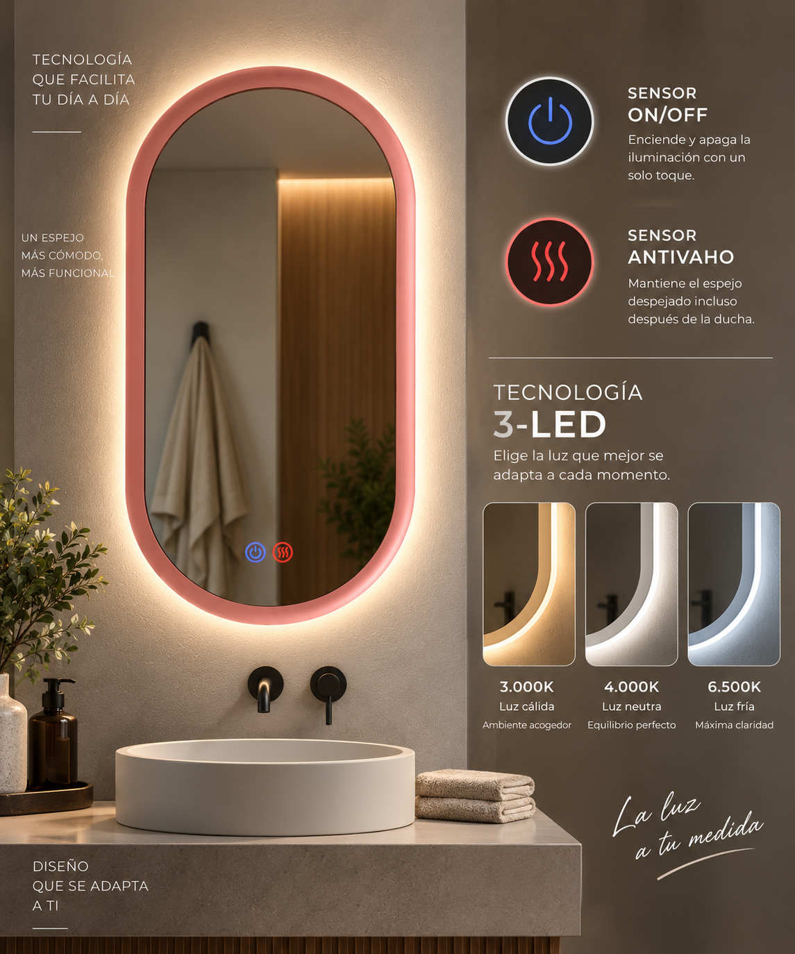 Espejo de baño con luz LED ovalado con luz retroiluminada y perimetral · Modelo MILANO