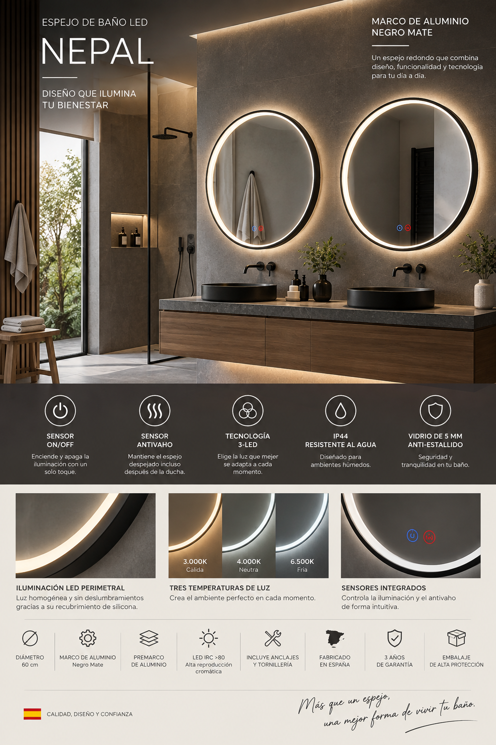 Espejo de baño con luz LED · Modelo NEPAL