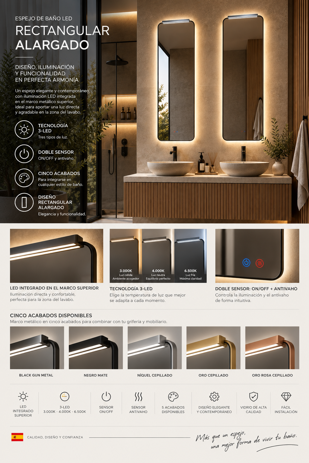 Espejo de baño con luz LED rectangular con luz retroiluminada y superior · Modelo PALERMO
