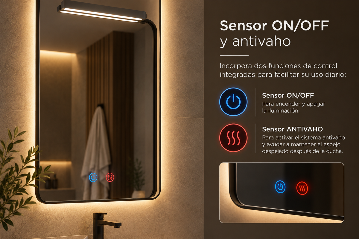 Espejo de baño con luz LED rectangular con luz retroiluminada y superior · Modelo PALERMO