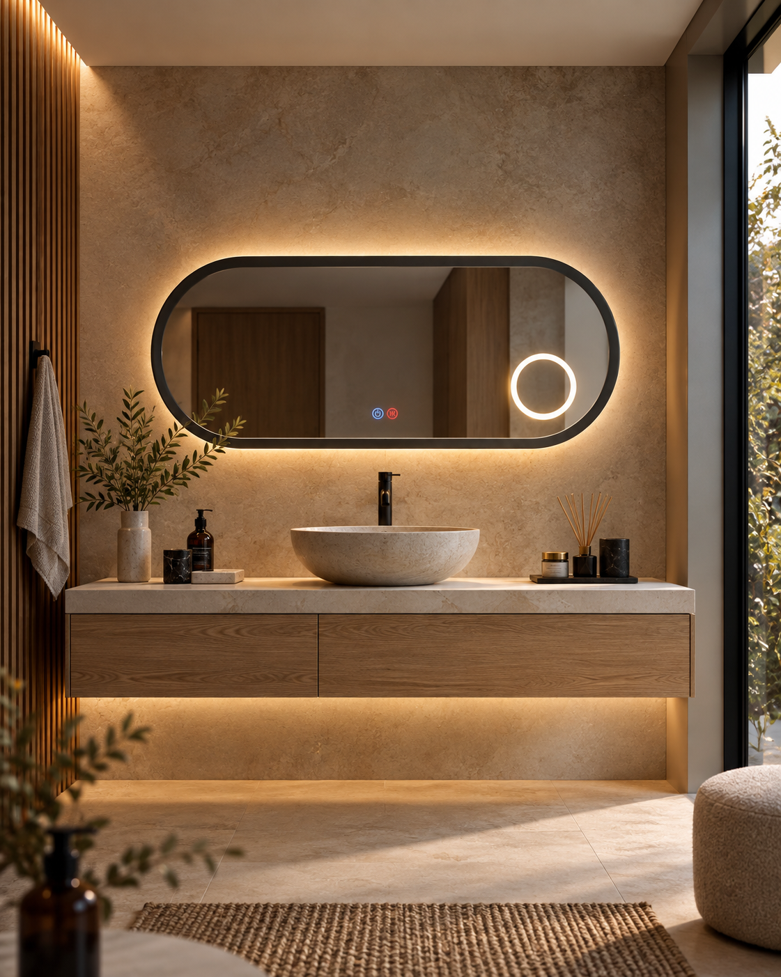 Espejo de baño con luz LED ovalado con luz retroiluminada y perimetral · Modelo RIMINI