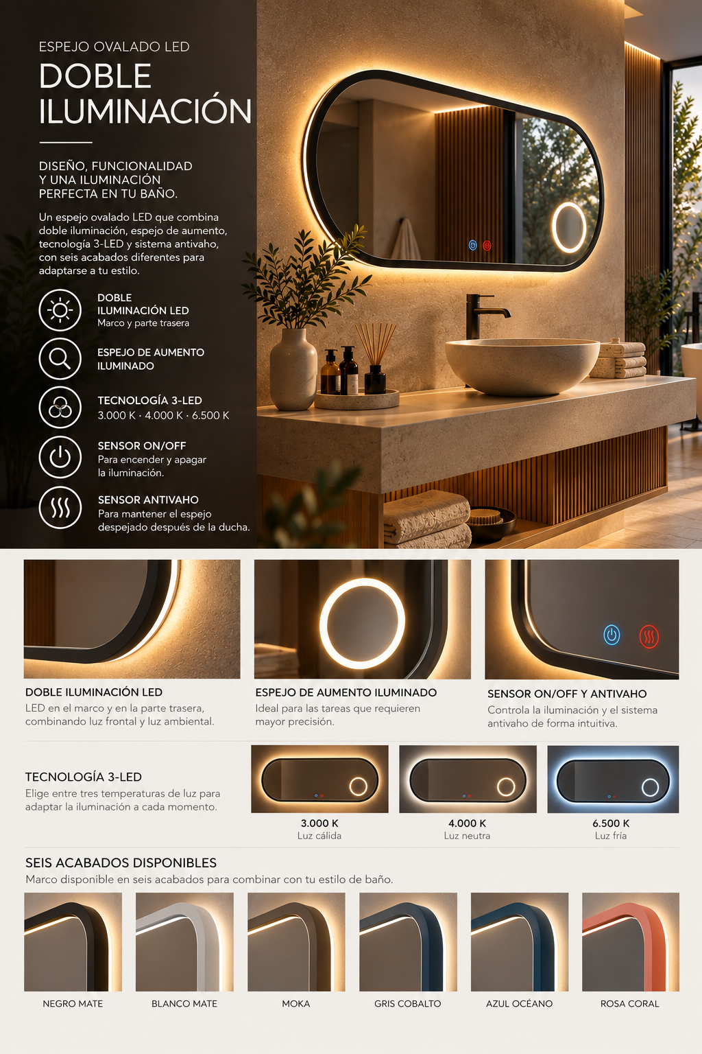 Espejo de baño con luz LED ovalado con luz retroiluminada y perimetral · Modelo RIMINI