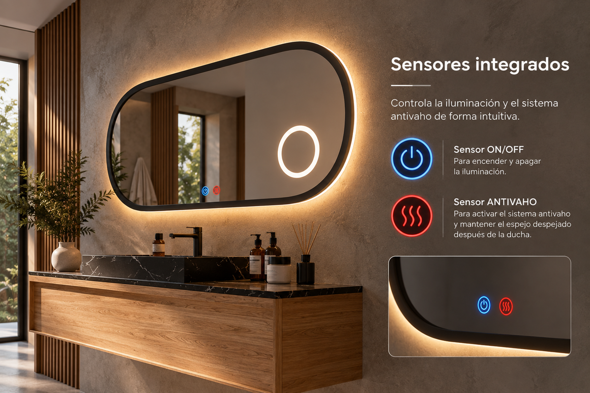 Espejo de baño con luz LED ovalado con luz retroiluminada y perimetral · Modelo RIMINI