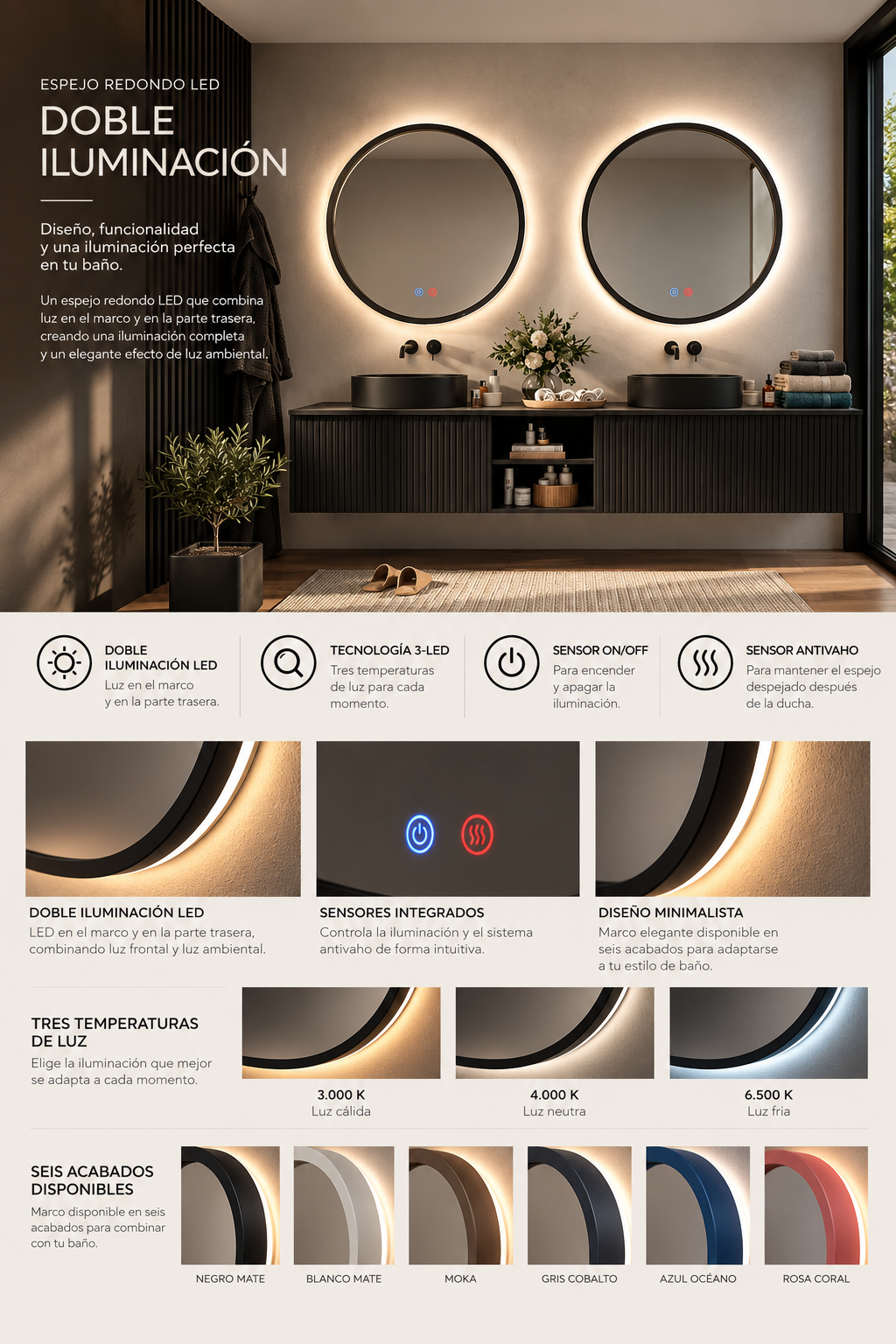 Espejo de baño con luz LED redondo con luz retroiluminada y perimetral · Modelo TORINO