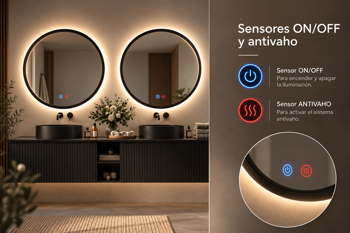 Espejo de baño con luz LED redondo con luz retroiluminada y perimetral · Modelo TORINO