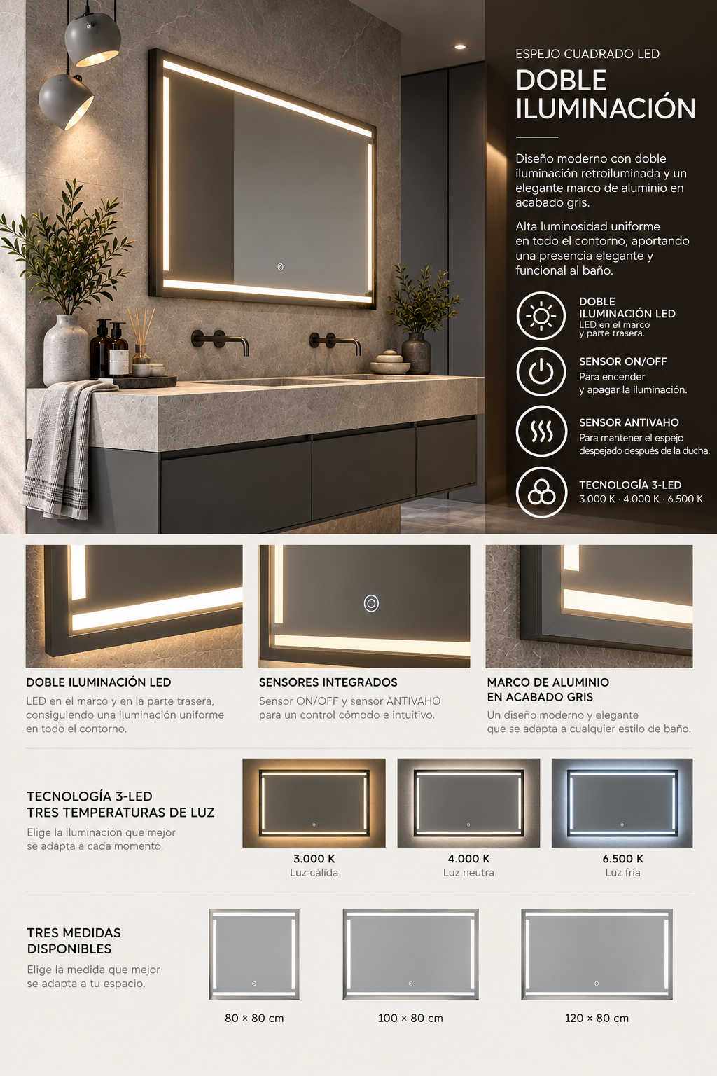 Espejo de baño con luz LED frontal rectangular · Modelo VIENA