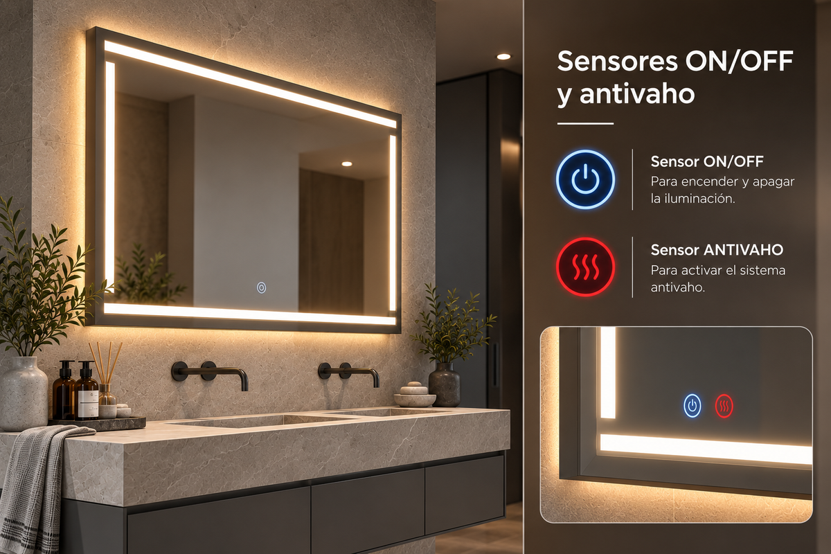 Espejo de baño con luz LED frontal rectangular · Modelo VIENA