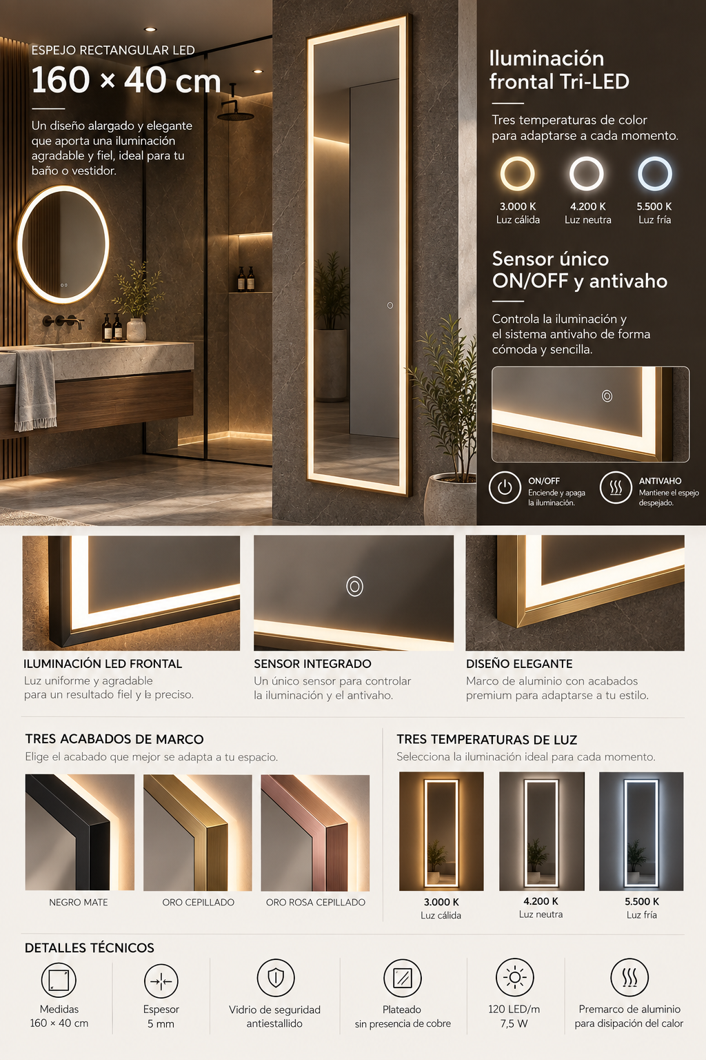Espejo de baño y vestidor con luz LED frontal rectangular · Modelo NUEVA YORK
