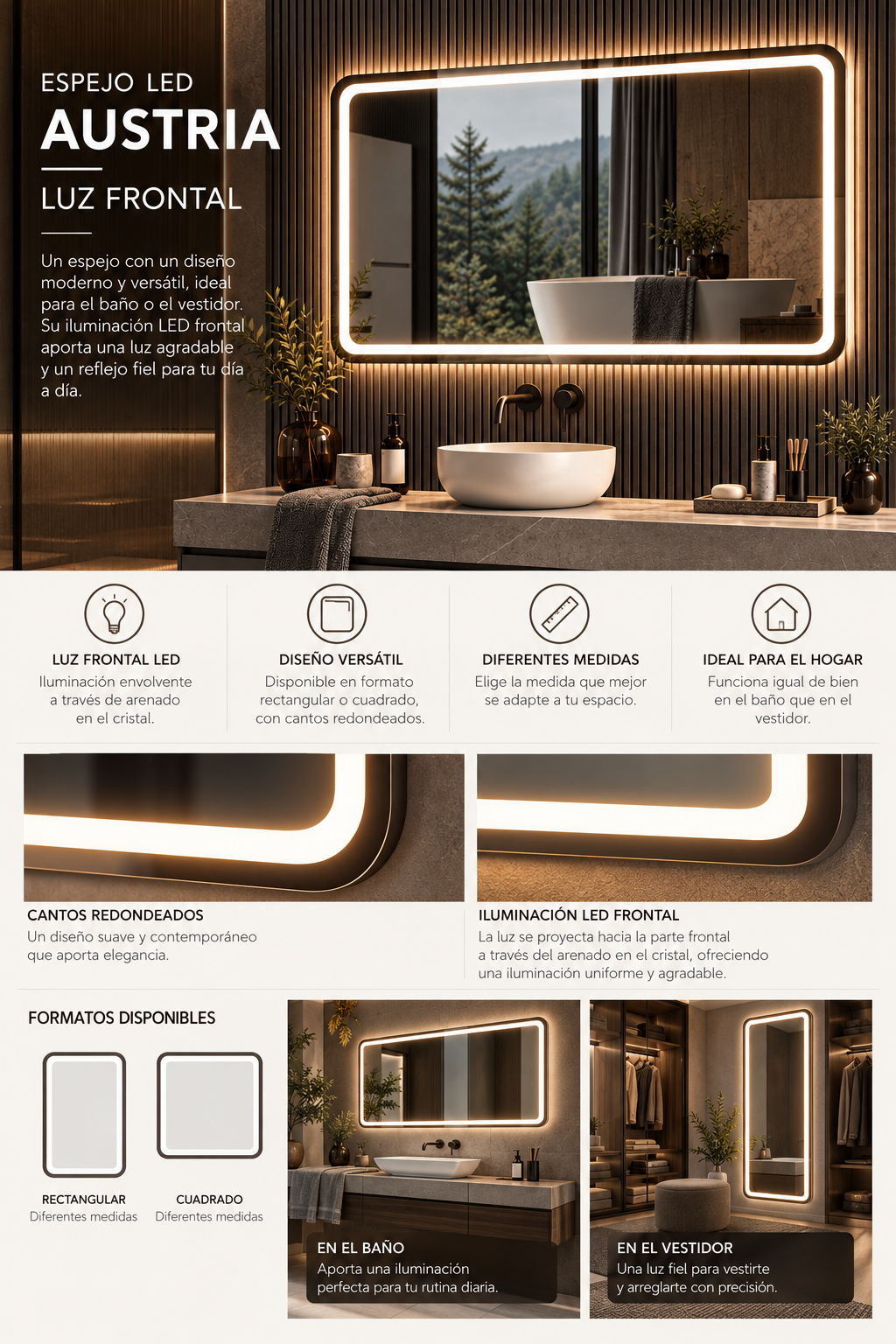 Espejo de baño y vestidor con luz LED rectangular retroiluminado · Modelo AUSTRIA