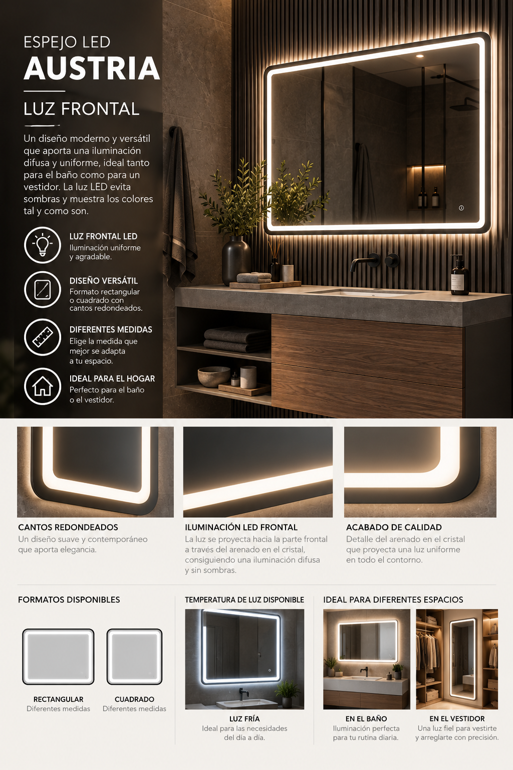 Espejo de baño y vestidor con luz LED rectangular retroiluminado · Modelo FRANCIA