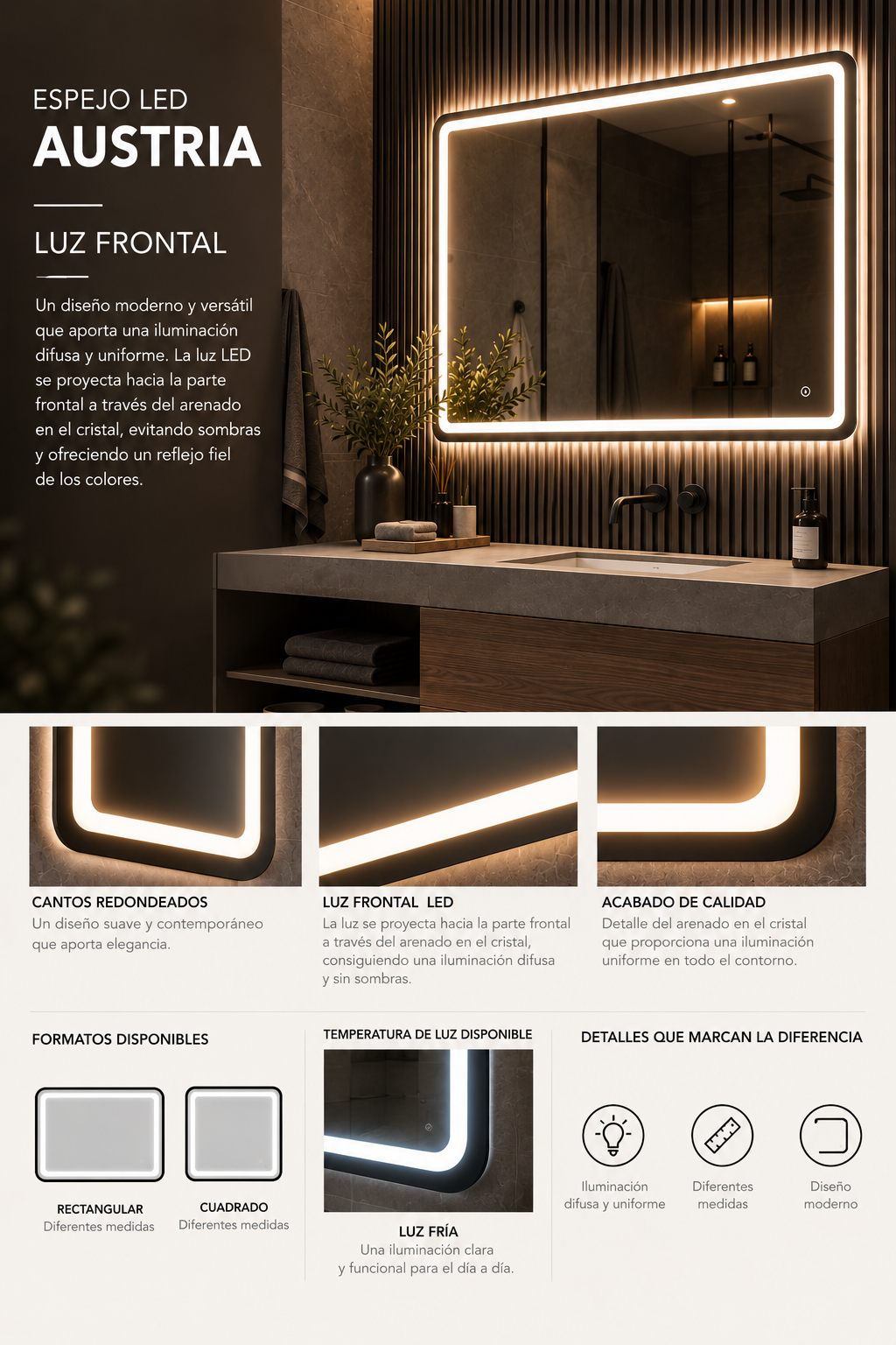 Espejo de baño y vestidor con luz LED rectangular retroiluminado · Modelo FRANCIA