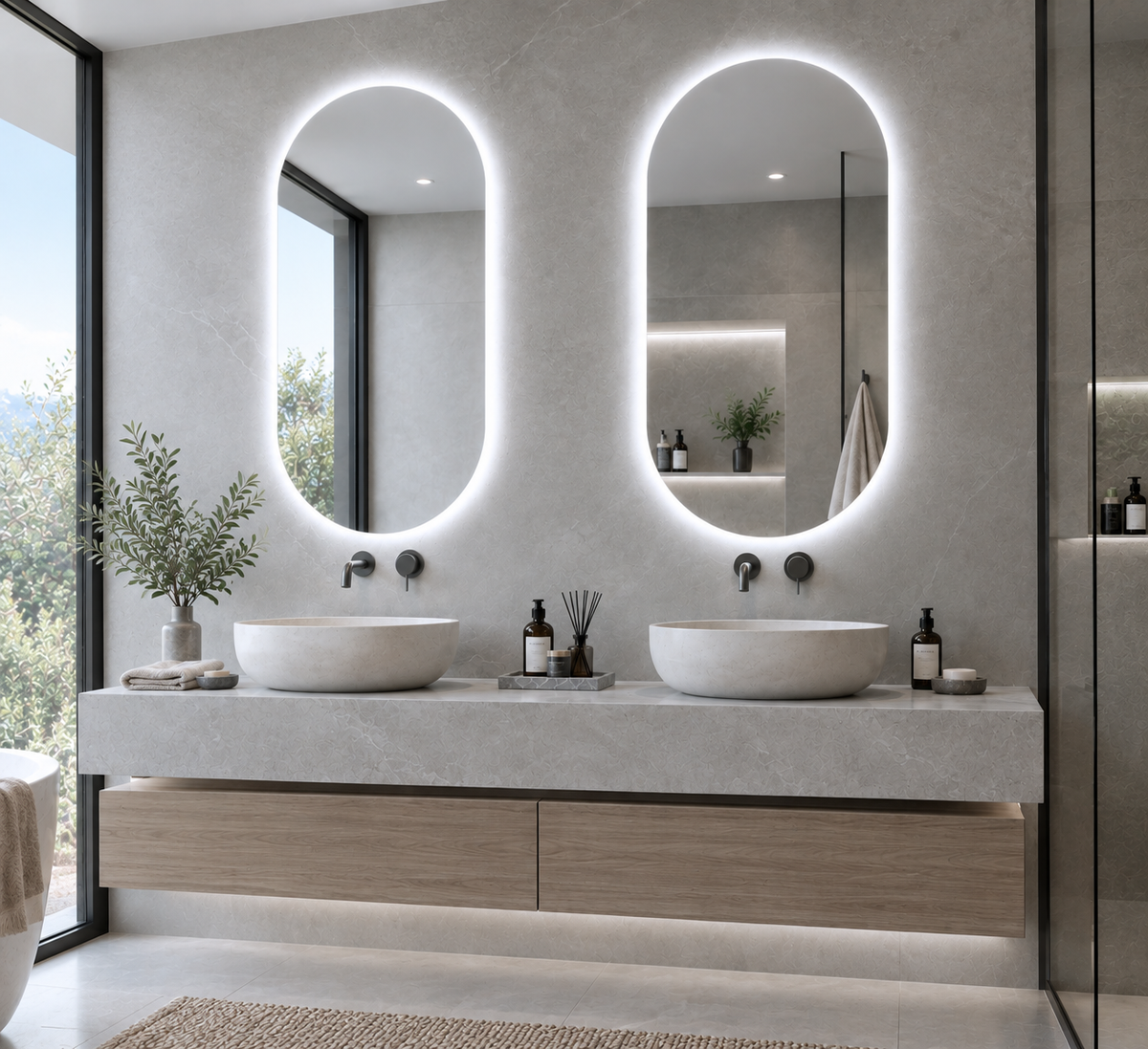 Dos espejos ALICE LUZ en forma de cápsula con halo de luz fría en un baño de doble lavabo