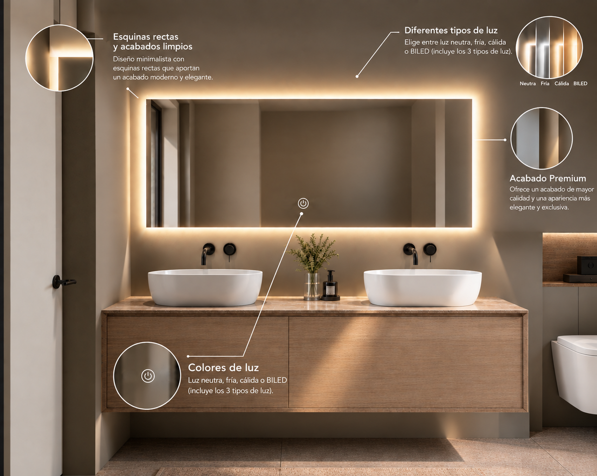 Detalles del espejo BIDENS VESTIDOR: esquinas rectas, tipos de luz, acabado premium y control táctil