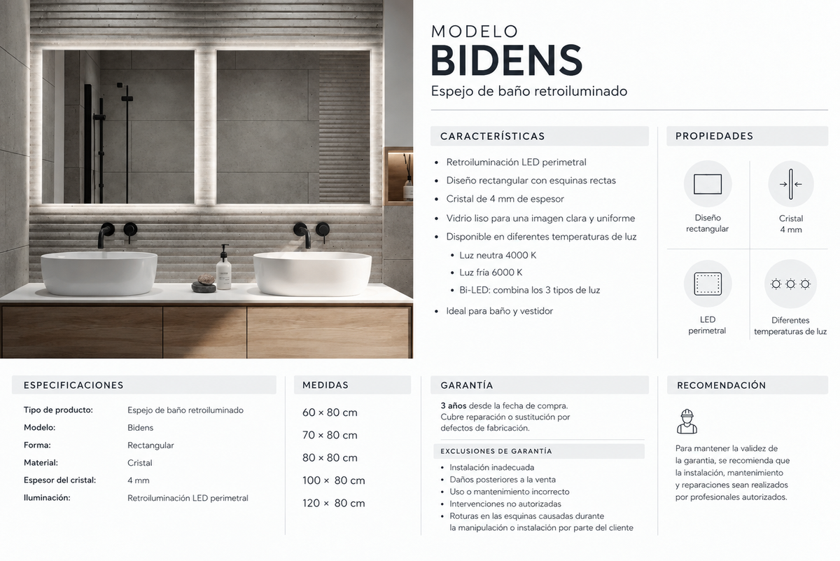 Espejo de baño con luz LED rectangular entrega 24-72h · Modelo Bidens EXPRESS