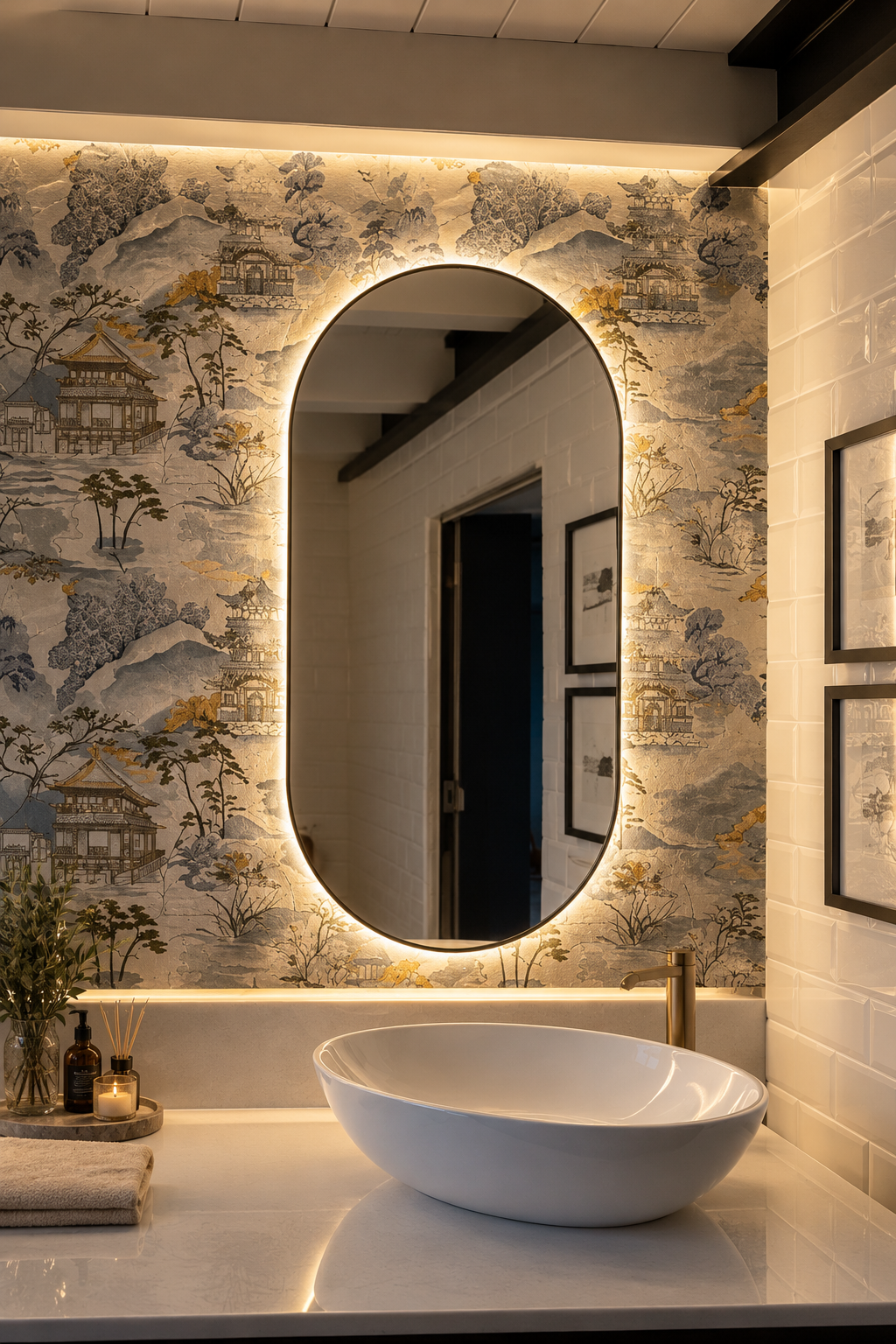 Espejo de baño con luz LED ovalado retroiluminado · Modelo JAPÓN