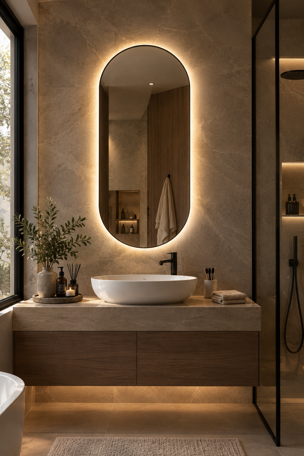 Espejo de baño con luz LED ovalado retroiluminado · Modelo JAPÓN