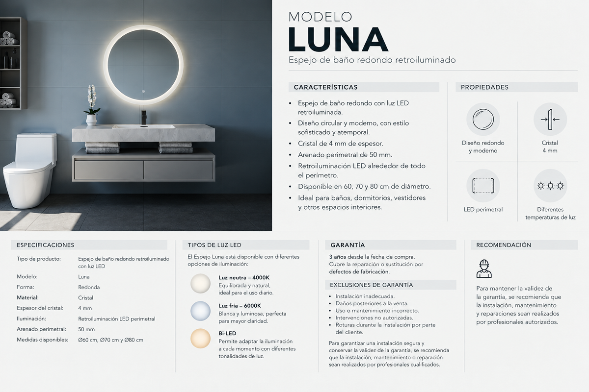 Espejo de baño redondo con luz LED frontal y ambiental entrega 24-72h · Modelo Luna EXPRESS