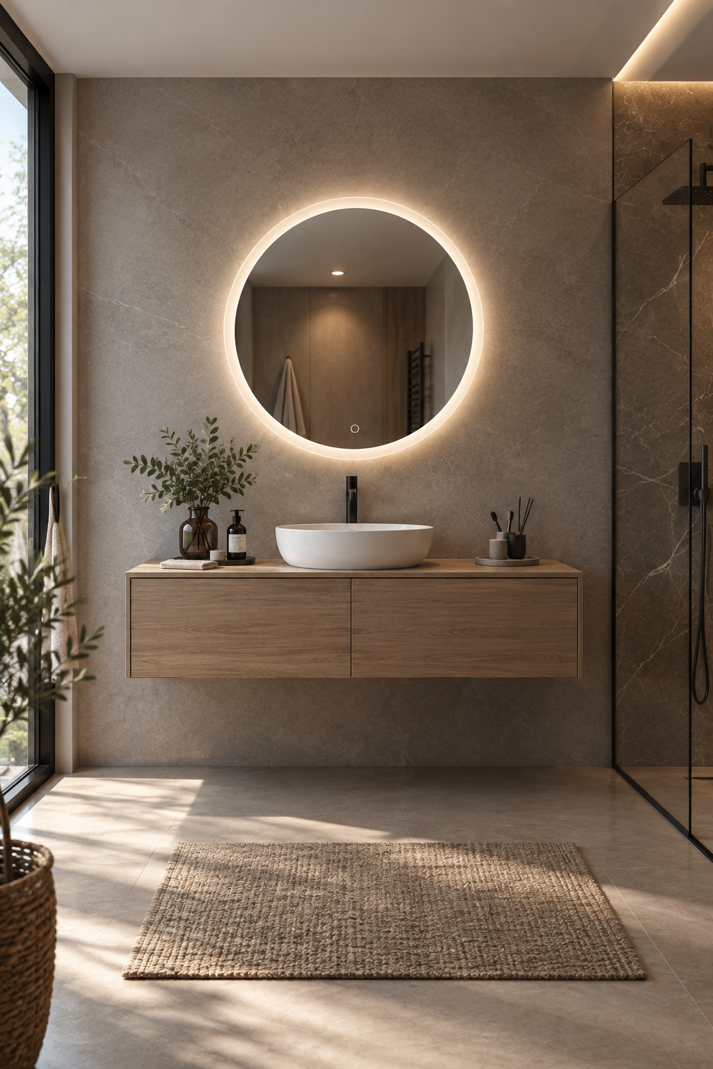 Espejo de baño redondo con luz LED frontal y ambiental entrega 24-72h · Modelo Luna EXPRESS