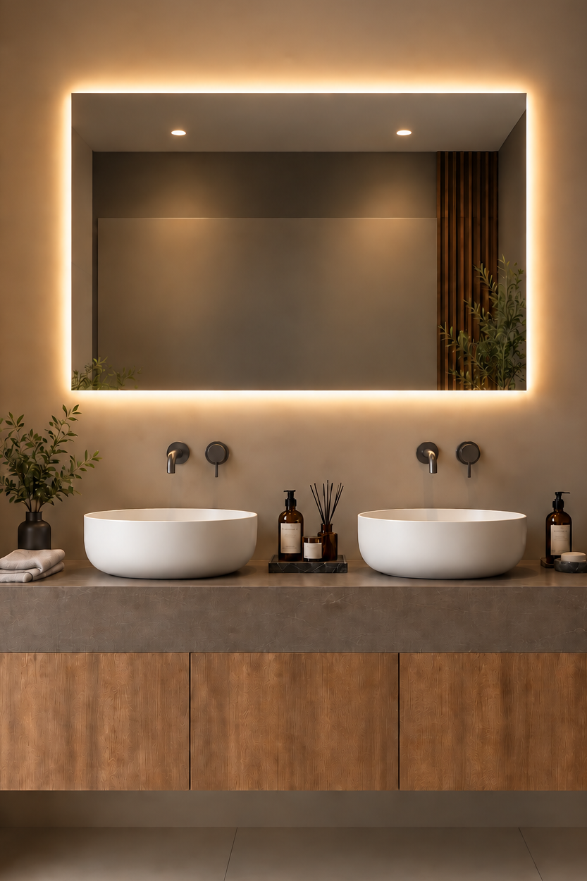 Espejo de baño con luz LED rectangular a medida retroiluminado · Modelo BIDENS