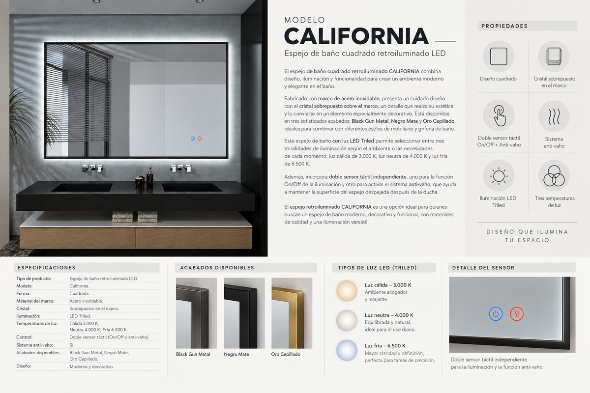 Espejo de Baño y Vestidor Rectangular con Luz LED Retroiluminada · Modelo CALIFORNIA