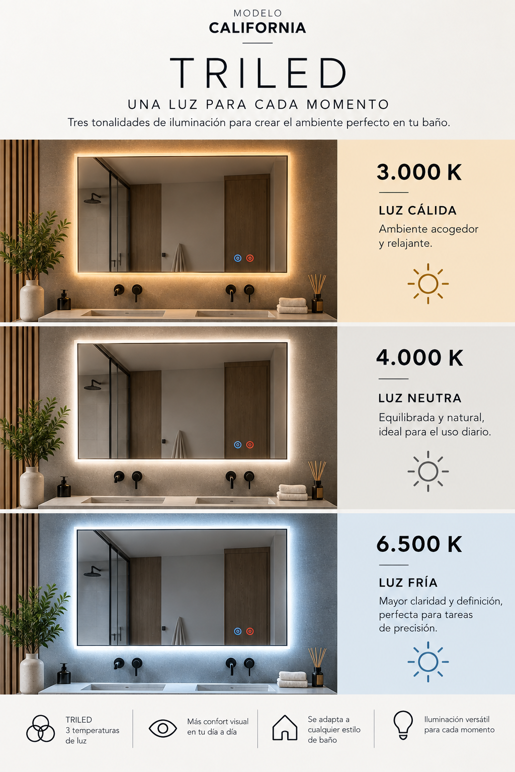 Espejo de Baño y Vestidor Rectangular con Luz LED Retroiluminada · Modelo CALIFORNIA