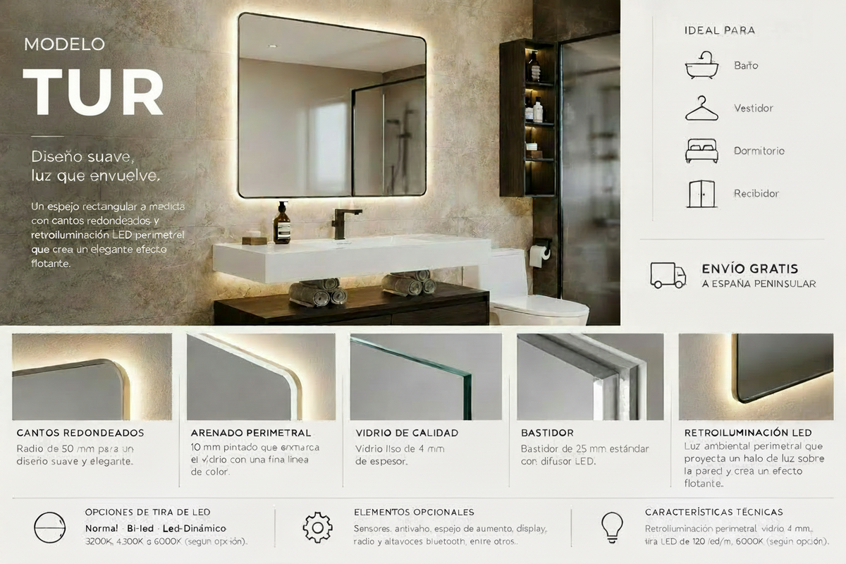 Espejo de baño con luz LED rectangular a medida, cantos redondeados y borde pintado · Modelo TUR