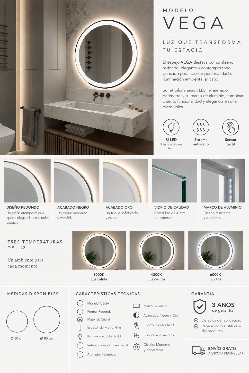 Espejo de baño redondo con luz LED frontal y ambiental, marco metálico · Doble Touch (Luz Bi-LED + Antivaho) · Entrega 24-72h · Modelo Vega EXPRESS