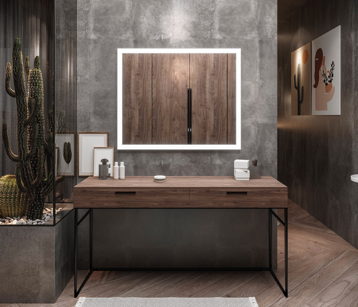 Espejo de baño con luz LED frontal rectangular a medida · Modelo TRIA