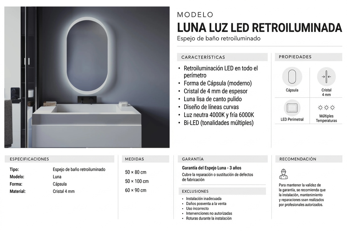 Espejo de baño ovalado con luz LED retroiluminado entrega 24-72h · Modelo Nala EXPRESS