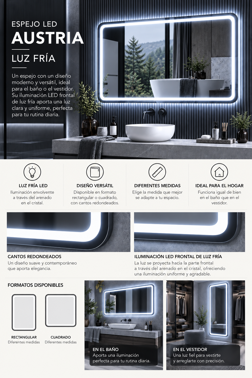 Espejo de baño y vestidor con luz LED rectangular retroiluminado · Modelo AUSTRIA