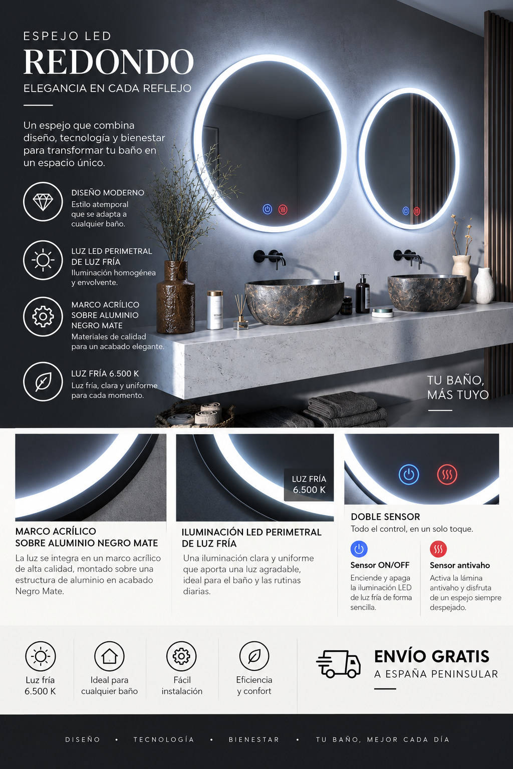 Espejo de baño con luz LED en marco iluminado redondo · Modelo BOLONIA